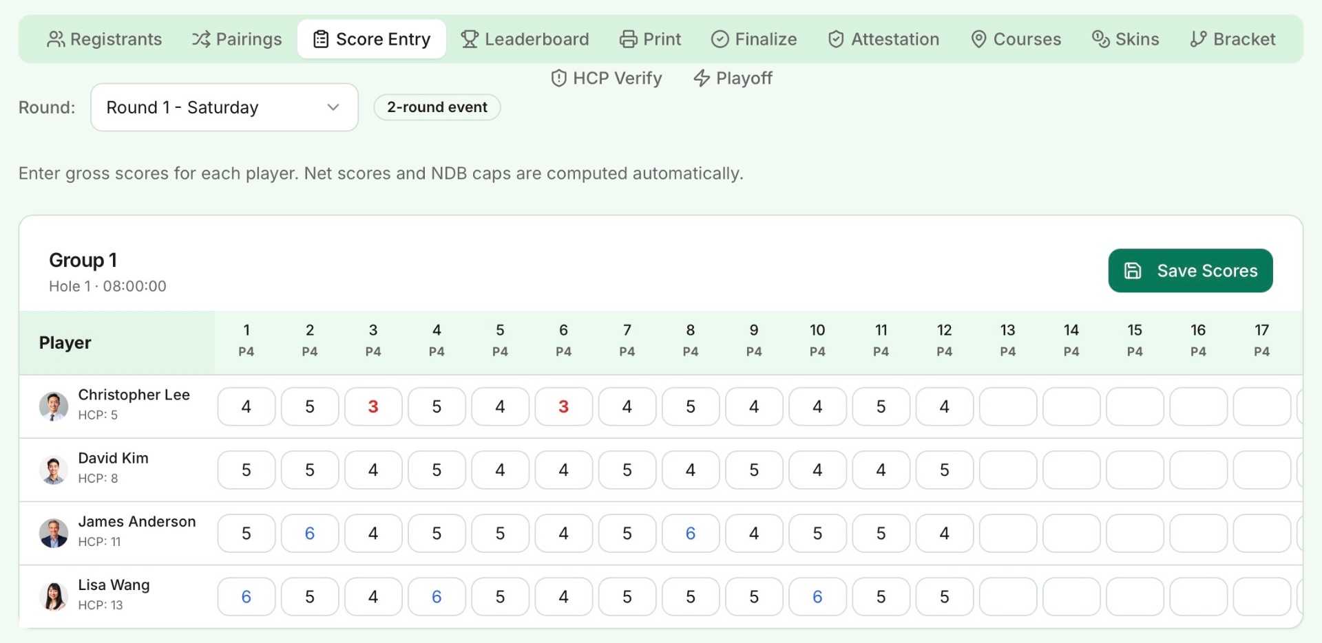 Live score entry with hole-by-hole scorecard